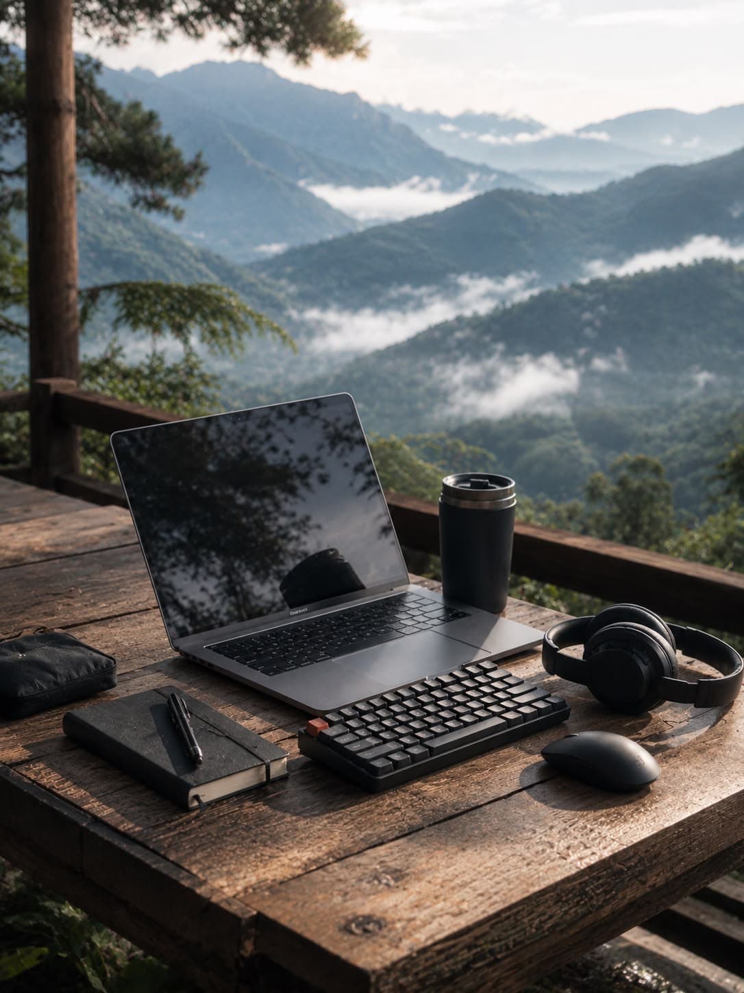 A laptop, keyboard and coffee on a weathered wooden table, looking out over forested mountains in morning mist